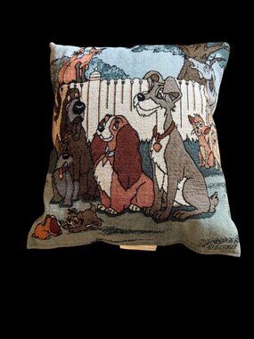 Vtg Neddlepoint Disney Lady & The Tramp Tapestry Throw Pillow Velvet Back Sofa